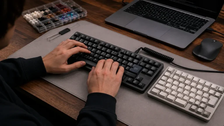 Comparaison de claviers mécaniques ANSI et ISO sur un bureau moderne.