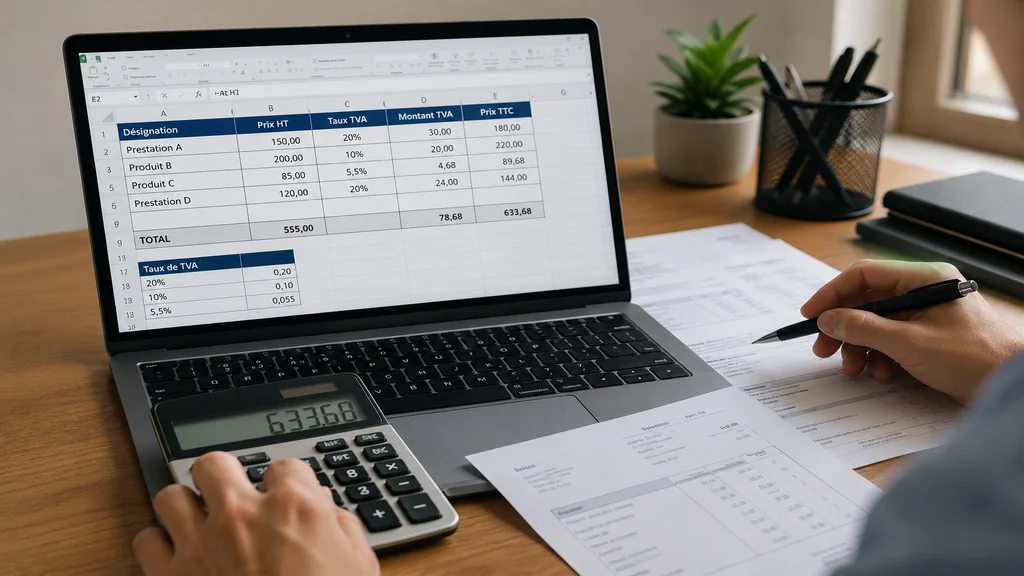 Calcul de TVA dans Excel avec tableau de facture, calculatrice et documents comptables sur un bureau.