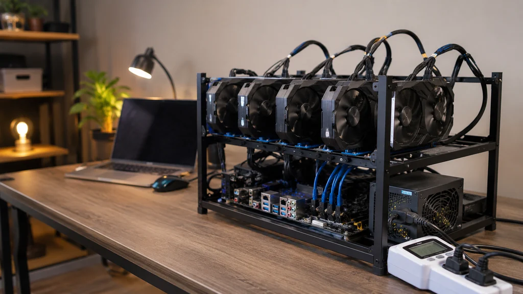 Rig de minage avec plusieurs cartes graphiques branchées sur un bureau informatique.