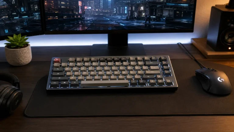 Clavier mécanique 75 % compact sur un setup gaming moderne avec souris et écran.