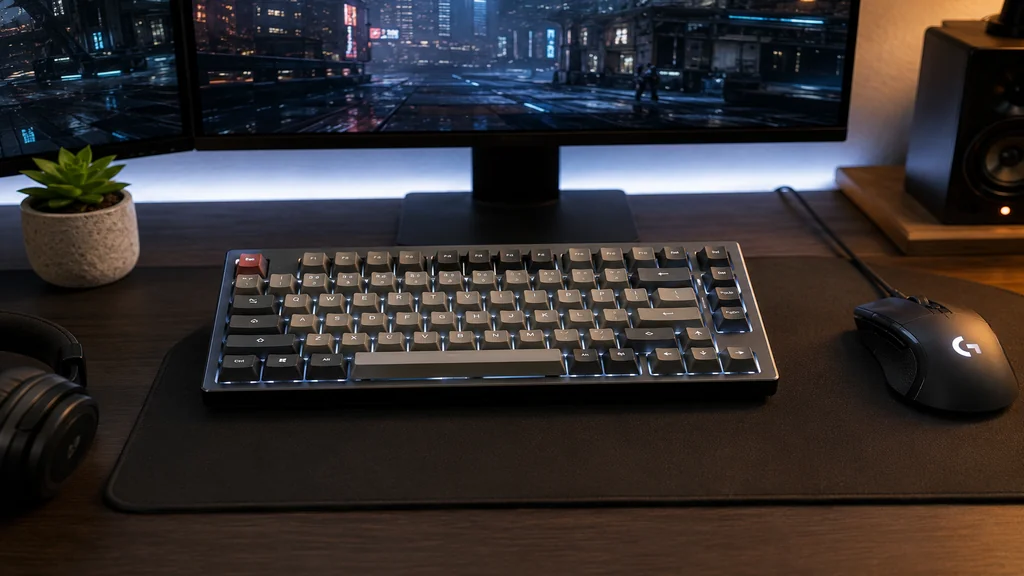 Clavier mécanique 75 % compact sur un setup gaming moderne avec souris et écran.