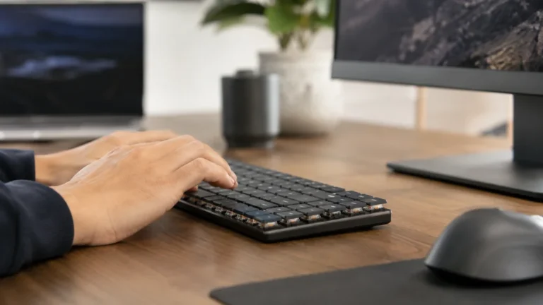 Personne utilisant un clavier low profile fin sur un bureau moderne avec ordinateur et souris.