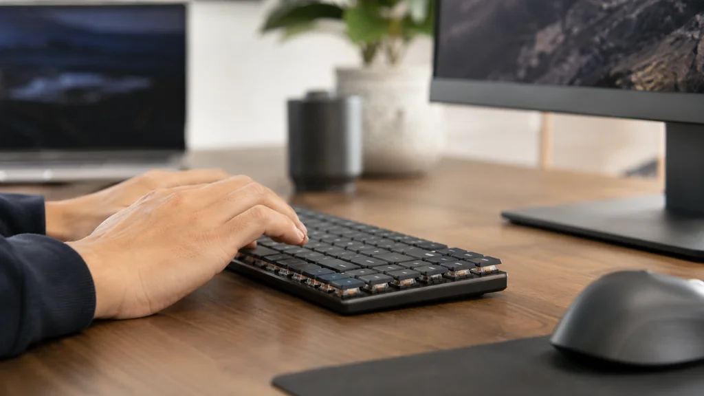 Personne utilisant un clavier low profile fin sur un bureau moderne avec ordinateur et souris.