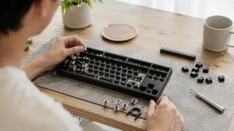 Personne assemblant un clavier nu mécanique sur un bureau lumineux avec switches et keycaps.