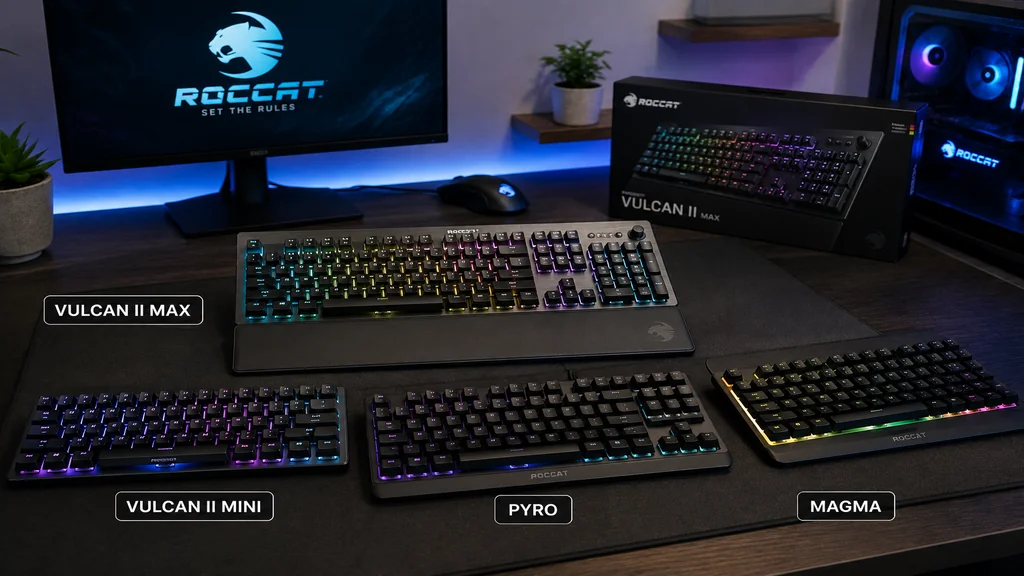 Clavier Roccat RGB sur un setup gaming moderne avec souris et écran.