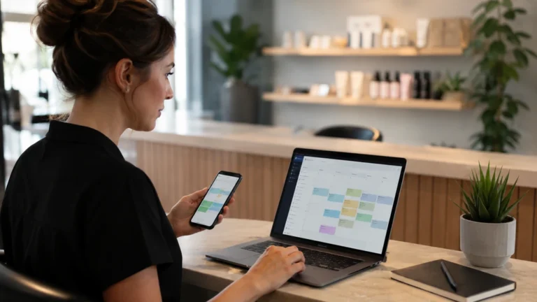Professionnelle gérant ses rendez-vous en ligne sur ordinateur portable et smartphone dans un espace d’accueil moderne