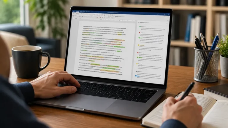 Ordinateur affichant un document corrigé pour utiliser Antidote 12 sur Windows 11.