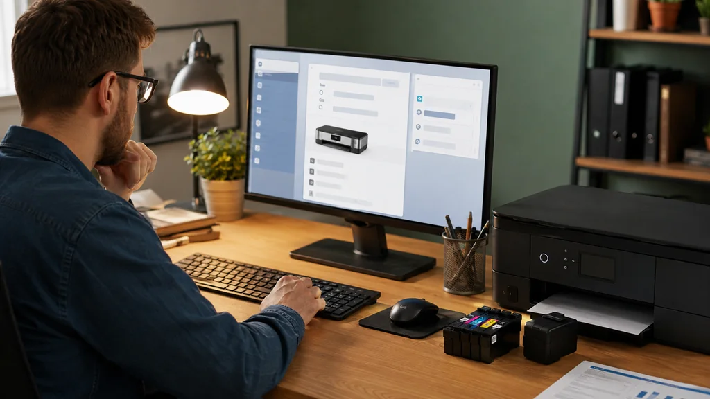 Utilisateur réglant les paramètres d’une imprimante Epson avec des cartouches d’encre posées sur un bureau
