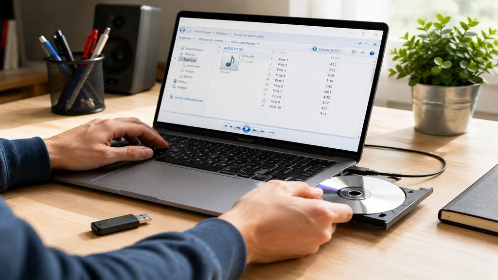 Personne transférant un CD audio vers une clé USB depuis un ordinateur portable.
