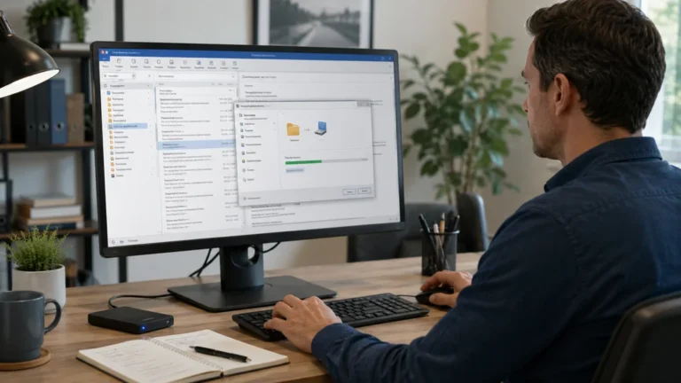 Utilisateur créant une archive Outlook sur ordinateur avec une fenêtre de sauvegarde de mails affichée à l’écran