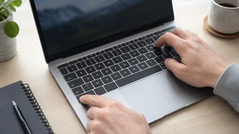 Mains utilisant un raccourci clavier sur un Mac AZERTY pour faire des crochets
