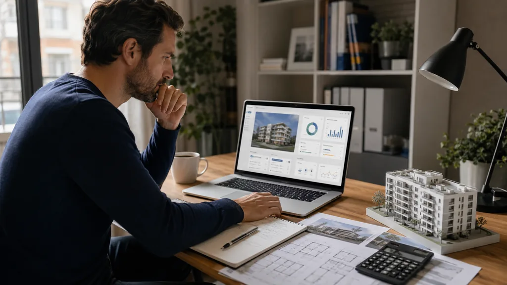 Investisseur analysant un projet immobilier participatif Anaxago sur ordinateur avec maquette d’immeuble et documents financiers