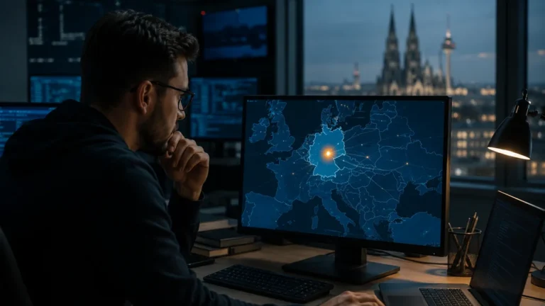 Analyse de géolocalisation IP sur une carte numérique de l’Allemagne dans un bureau informatique moderne