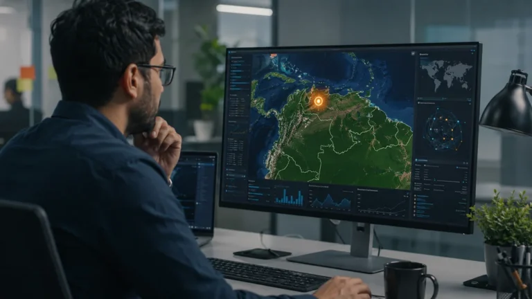 Analyse de géolocalisation IP affichant une localisation au Venezuela sur une carte numérique dans un bureau moderne