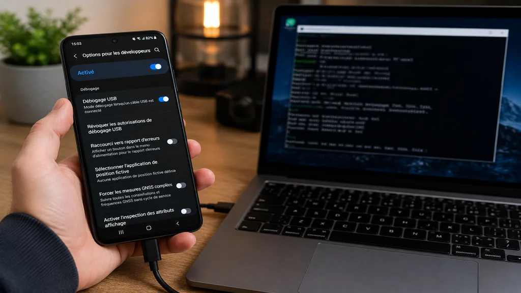 Smartphone Android connecté à un ordinateur pour activer le débogage USB.
