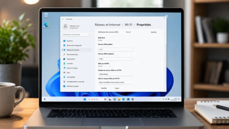 Ordinateur affichant les paramètres DNS Windows pour changer ses DNS et accéder à YggTorrent.