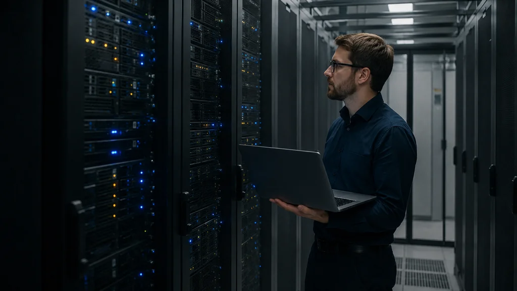 Administrateur système dans une salle serveur surveillant une infrastructure Windows Server 2016 en fin de support