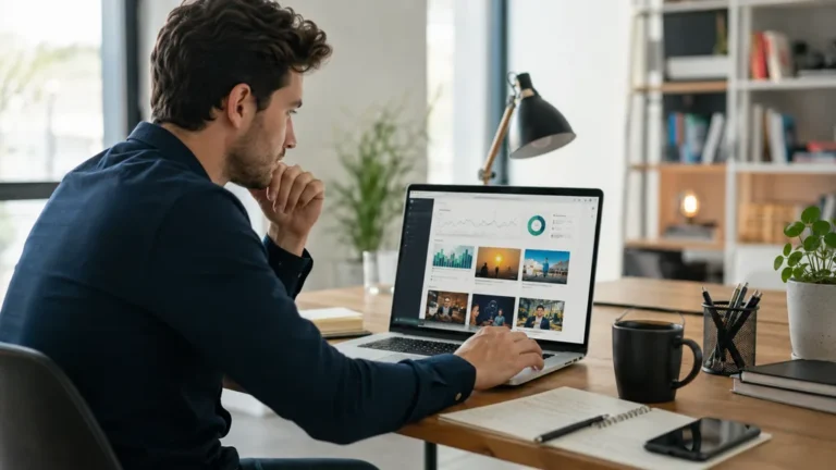 Consultant analysant un site SEO et marketing digital sur ordinateur portable dans un bureau moderne