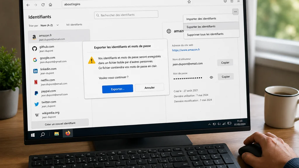 Export des mots de passe Firefox depuis le gestionnaire d’identifiants sur un ordinateur.