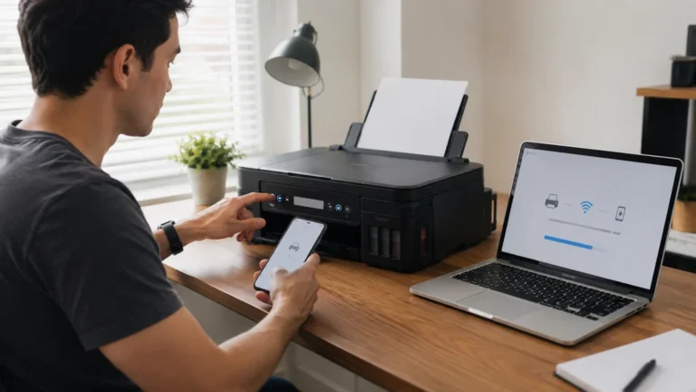 Utilisateur configurant une imprimante Epson en Wi-Fi depuis un smartphone et un ordinateur portable