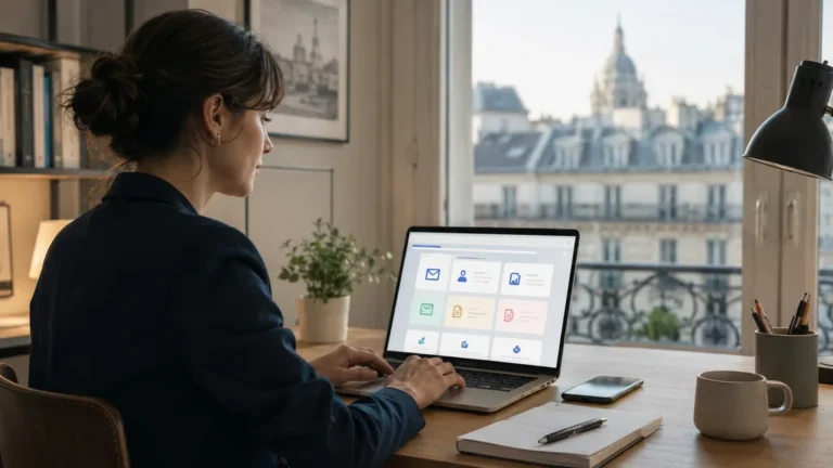 Agent de la Ville de Paris consultant son portail intranet professionnel IntraParis sur ordinateur portable