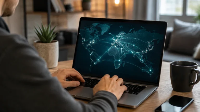 Ordinateur affichant une carte réseau mondiale pour analyser l’adresse IP 69.55.254.193.
