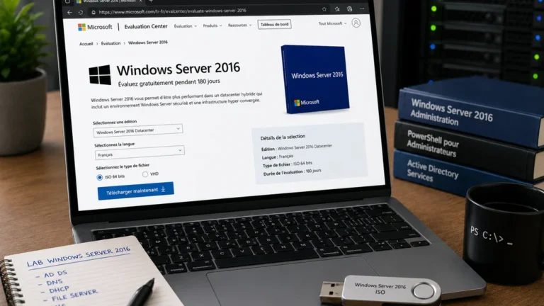 Ordinateur affichant le téléchargement officiel de l’ISO Windows Server 2016 dans un environnement informatique professionnel.