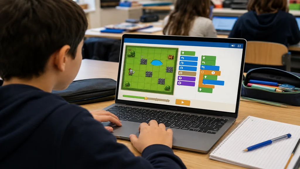 Enfant utilisant un jeu éducatif de programmation sur ordinateur en classe.