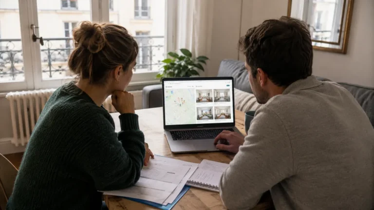 Couple recherchant un logement social sur une plateforme en ligne depuis un appartement parisien