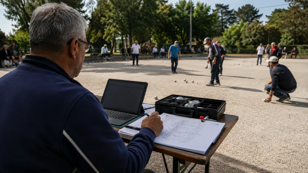 Organisateur de concours de pétanque utilisant un ordinateur et une feuille de scores pendant une partie en extérieur