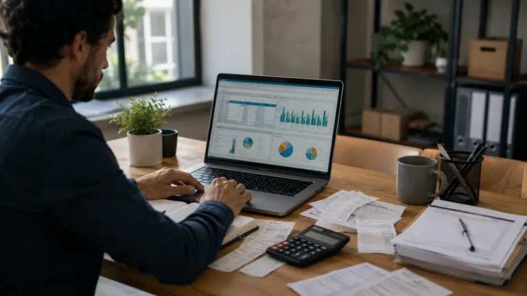 Suivi comptable sur Excel avec ordinateur portable, calculatrice et documents financiers sur un bureau moderne