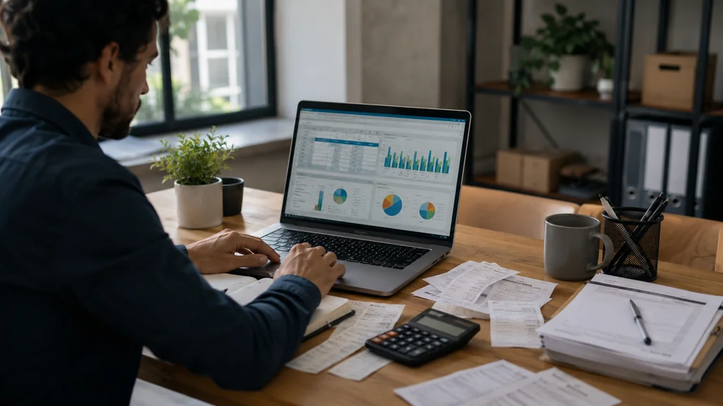 Suivi comptable sur Excel avec ordinateur portable, calculatrice et documents financiers sur un bureau moderne