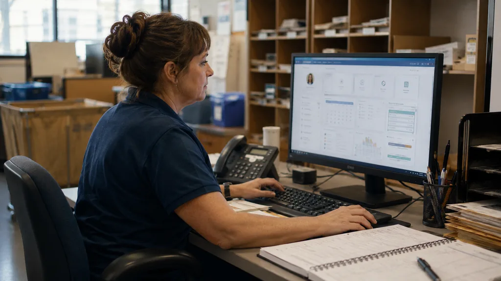 Collaboratrice La Poste consultant son portail RH MaBoxRH sur ordinateur dans un bureau de service