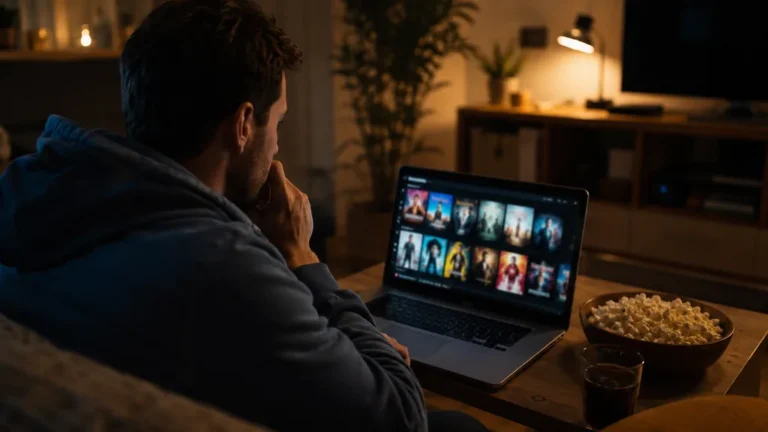 Personne consultant une plateforme de streaming sur ordinateur portable dans un salon sombre avec ambiance cinéma