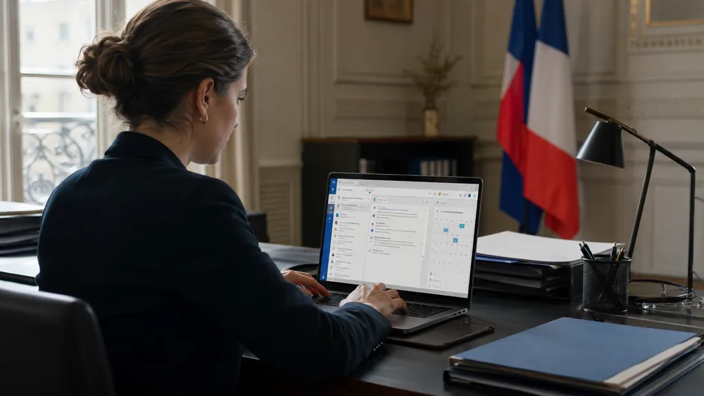 Agente ministérielle consultant sa messagerie professionnelle Melanie2web sur ordinateur dans un bureau administratif