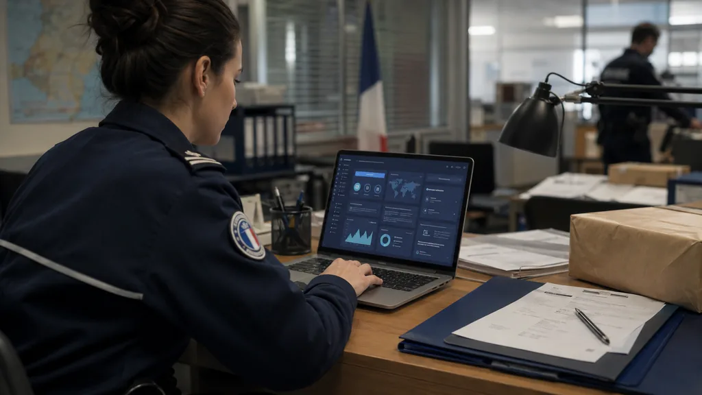 Agente des douanes consultant un portail sécurisé sur ordinateur dans un bureau administratif