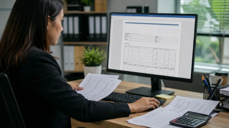 Personne préparant un modèle de fiche de paie Word sur ordinateur avec documents administratifs et calculatrice