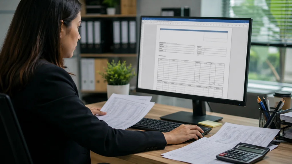 Personne préparant un modèle de fiche de paie Word sur ordinateur avec documents administratifs et calculatrice