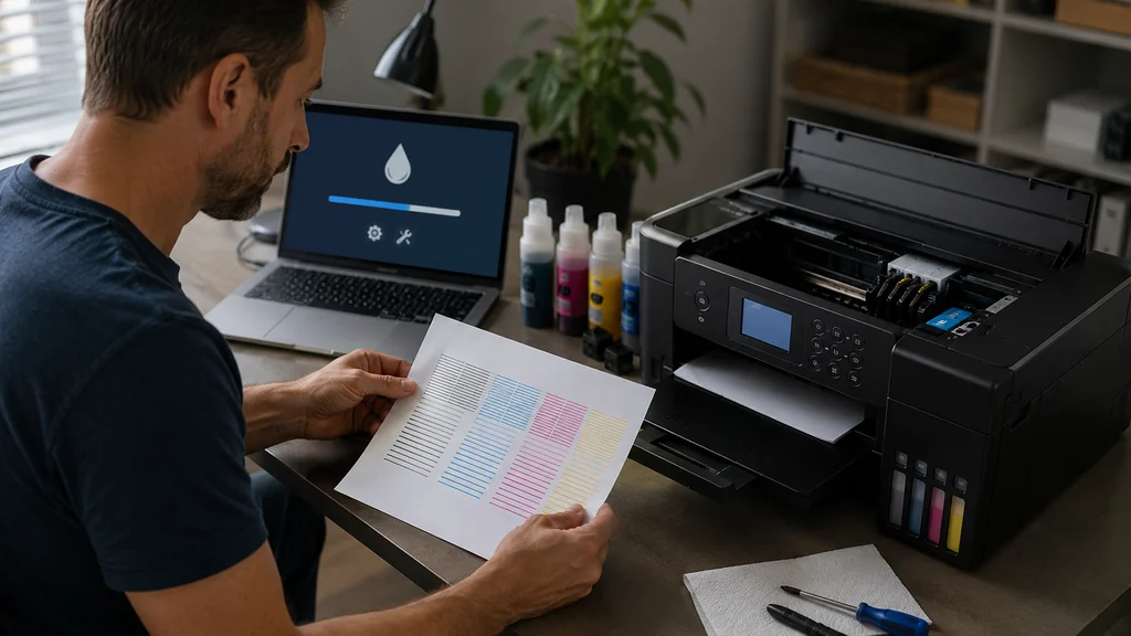 Utilisateur vérifiant les buses d’une imprimante Epson avec une page de test couleur avant le nettoyage des têtes
