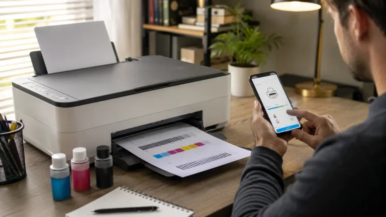Utilisateur lançant un nettoyage de tête d’impression HP depuis une application mobile avec page de test couleur