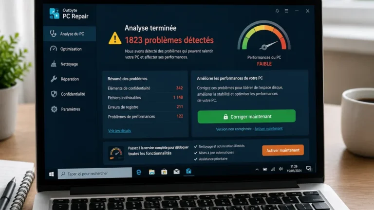 Ordinateur affichant Outbyte PC Repair avec une alerte d’analyse système et des options d’optimisation Windows.