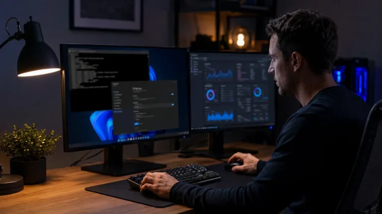 Utilisateur devant un double écran Windows en train d’activer le mode Performances optimales via l’invite de commandes dans un bureau sombre