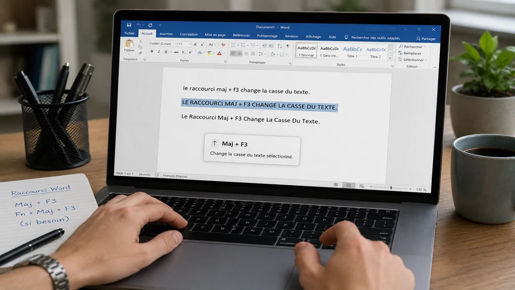 Utilisateur changeant la casse d’un texte dans Word avec le raccourci Maj F3.