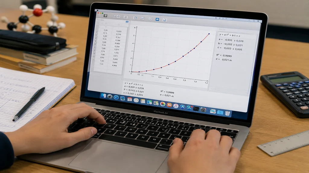 Étudiant utilisant Regressi sur Mac pour analyser des données de physique-chimie.