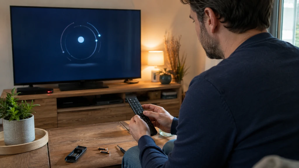 Personne réinitialisant une télécommande Free devant un téléviseur avec des piles posées sur une table