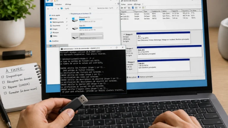 Réparation d’une clé USB endommagée sur un ordinateur avec diagnostic Windows.