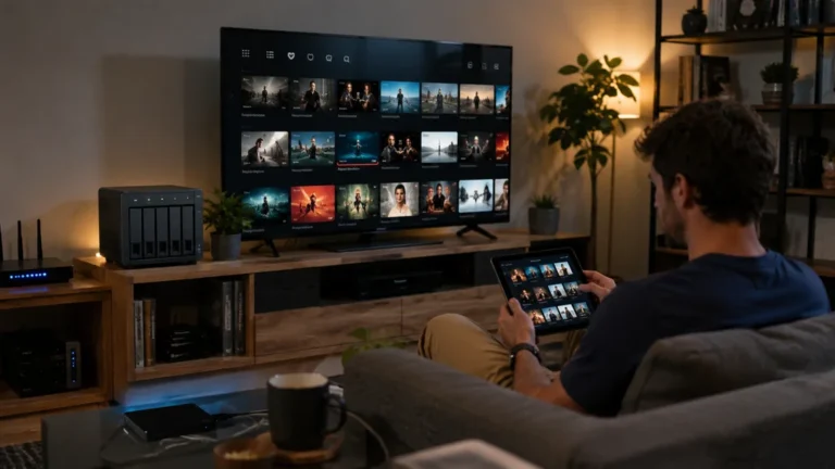 Salon moderne avec serveur multimédia NAS diffusant une bibliothèque de films sur une télévision connectée