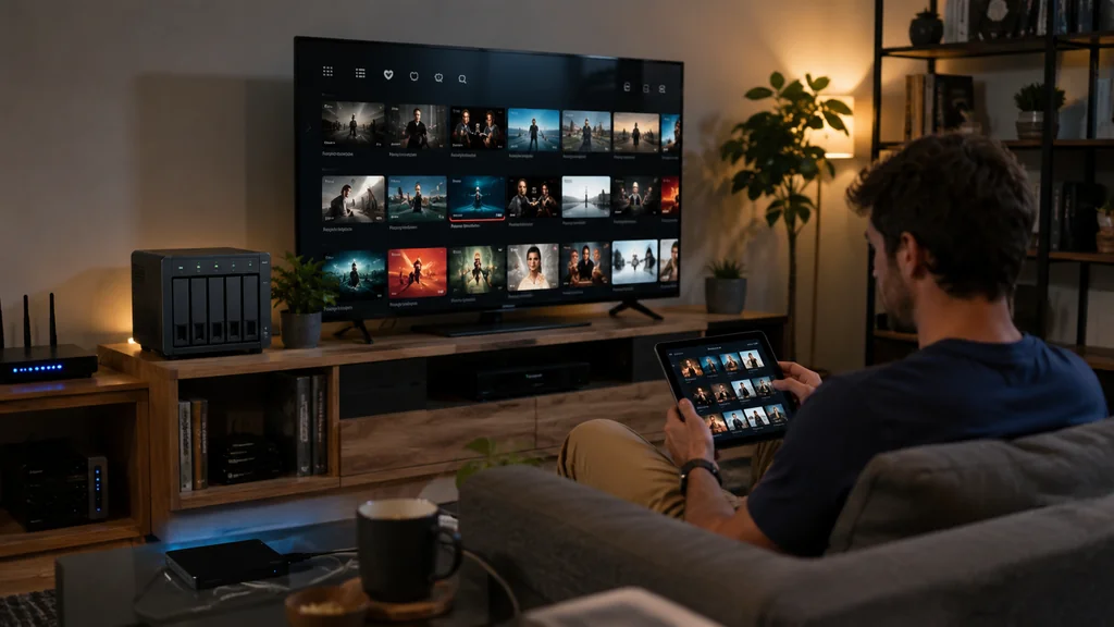 Salon moderne avec serveur multimédia NAS diffusant une bibliothèque de films sur une télévision connectée