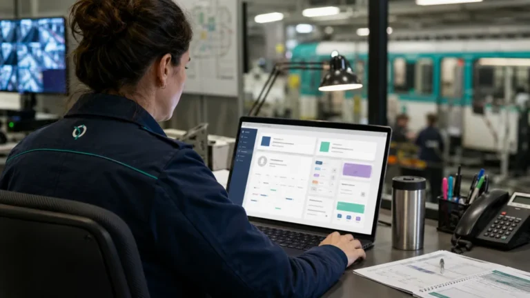 Agente RATP consultant le portail interne Urbanweb sur ordinateur dans un espace professionnel avec métro en arrière-plan