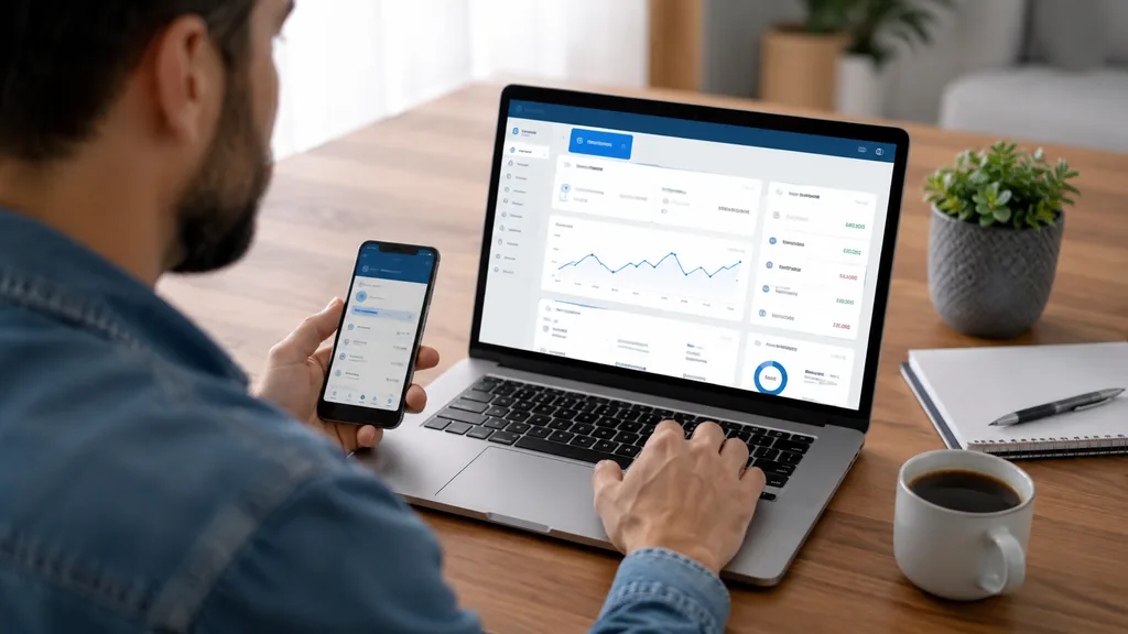 Utilisateur consultant son espace bancaire en ligne La Banque Postale sur ordinateur portable et smartphone